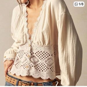 Apricot Casual Women's Woven Patchwork Floral Lace V-Neck Lantern Sleeve Blouse